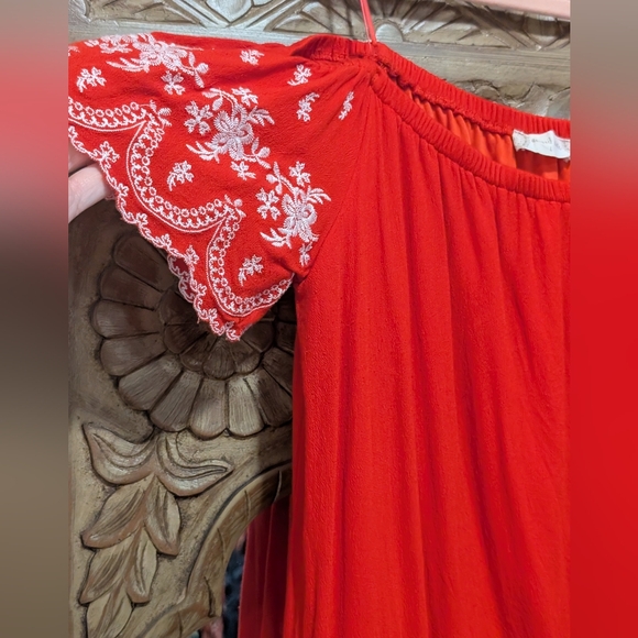 Altar'd State- Red Off-Shoulder Dress Or Tunic with White Embroidery - Picture 3 of 16